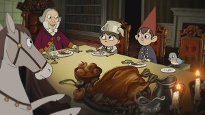 Greg, Wirt, and Beatrice eat dinner with new acquaintances.