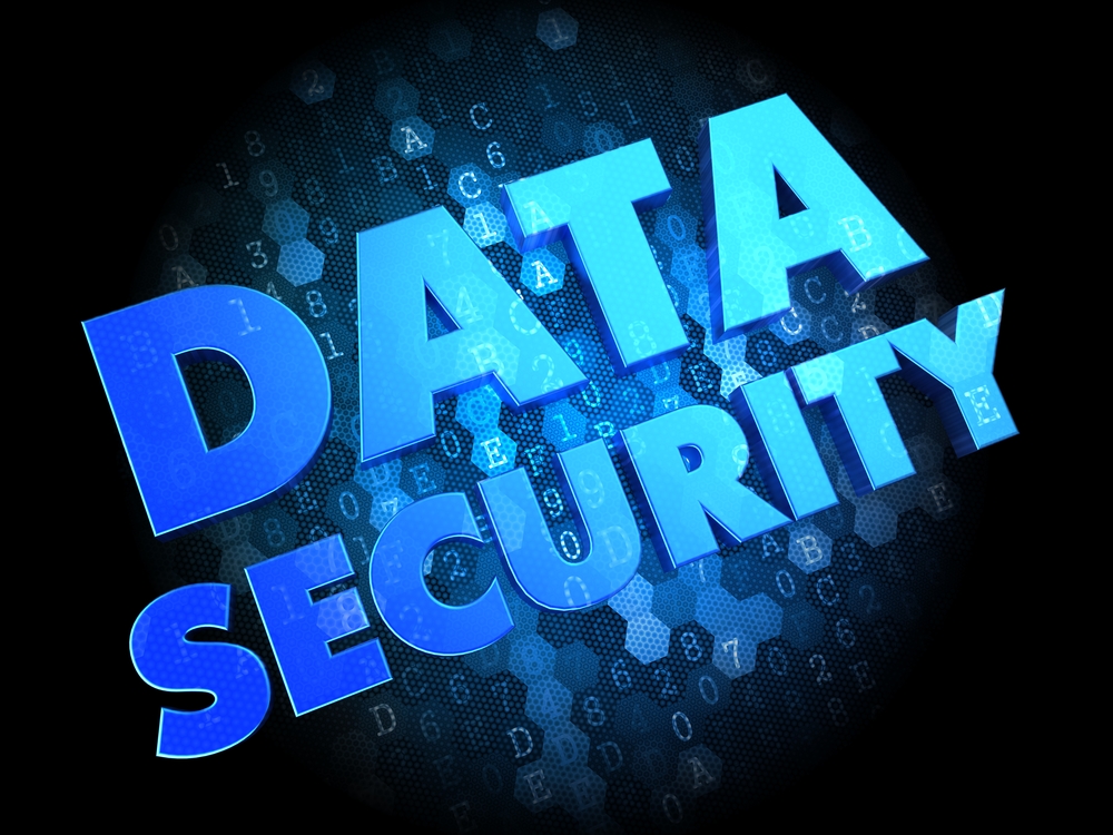 Data Security - Blue Color Text on Dark Digital Background.